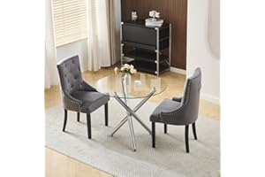 Homullel Round Dining Table and 2 Chairs, 2 Seater Table and Chairs Set for 2, Compact Kitchen Dining Room Set for Space Saving, Glass Tabletop 90 cm (Knocker Dark Grey, 2 Seaters)