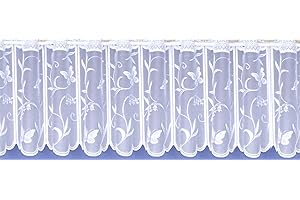 kellyuk Butterfly White Kitchen / Bathroom Cafe Net Curtain With Scalloped Floral Hem & Butterflies Floral Panel Design - 3 Metres Wide x 24'' (60cm) Drop