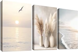 3 st träramade canvasväggkonstverk Canvas-tryck Kust Strand Havsvågsmålning Poster Boho Pampasgräs Havsolnedgångsbilder för v