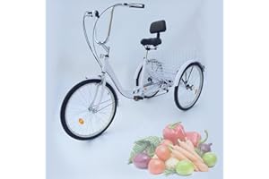 LUNICASHA Dreirad für Erwachsene 24 Zoll Erwachsene Dreirad 6 Gang Dreiräder Senioren Fahrrad mit Einkaufskorb und Rückenlehne Dreirad für Senioren Erwachsene Frauen Höhenverstellbar Weiß