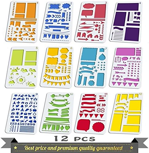 Aoyooh Bullet Journal Stencil Set Plastic Planner Stencils for Journal/Notebook/Diary/Scrapbook/Art Craft Projects/Schedule Book DIY Drawing Template - 12 Pcs