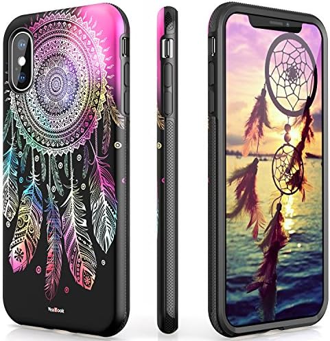 iPhone X Case Women Slim Dual Layer Silicone Rubber Hybrid Durable Shockproof Bumper Protective Anti-Scratch Impact Resistant Cover with Ring Kickstand Glitter Matte Black Dream Catcher Pattern Design