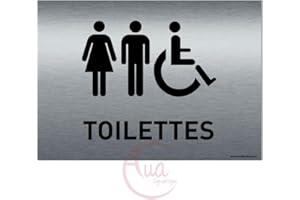 AUA SIGNALETIQUE - Plaque de porte Aluminium brossé imprimé AluSign - 210x150 mm - Double Face adhésif au dos (Toilettes mixtes)