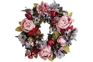 HILAI TüRkranz FrüHling, 35cm Haustür-Kranz, Artificial Peony Hydrangea-Blumen-Tür-Kranz All Seasons Blumenkranz Runde Reisig Rebe hängend für Urlaub auf dem Bauernhof Office Home Hochzeitsdeko