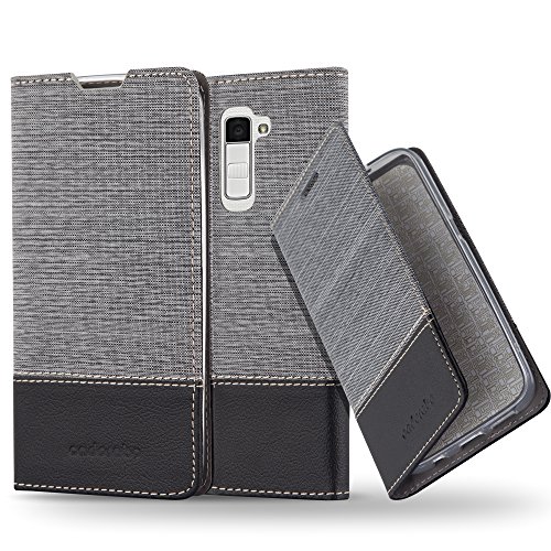 LG K10 2016   M2 Funda Estilo Libro en GRIS NEGRO de Cadorabo  Dise  o TELO-CUERO-ARTIFICIAL      Cubierta Protectora con Cierre Magn  tico  Tarjetero y Funci  n de Suporte     Protecci  n Carcasa Caja Etui Case Cover