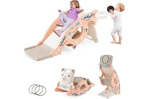 COSTWAY 4 en 1 Toboggan Enfants avec 3 Modes & Motif d'ours, Cheval à Bascule Intérieur Extérieur avec Panier de Basketball & Ballon, Charge 50kg pour Enfants de 3 Ans+, 93x65x46,5cm