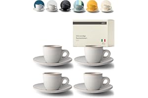 KIVY Espressotassen Set [4 x 75ml] - Handgefertigt aus dickwandigem Steingut Tasse - Espresso Tassen Set mit Untertasse - Espressotassen dickwandig italienisch - Espressotasse Beige Grau - Mokkatassen