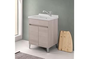 INBAGNO Mobile Lavatoio 60x50 Cm Rovere Chiaro Way Con Vasca In Ceramica Dolomite, Struttura Già Montata In Legno Nobilitato Con 2 Ante E Apertura A Gola Asse Non Inclusa