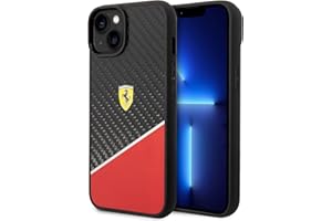 CG MOBILE Ferrari - Funda bimaterial para iPhone 14 Plus en rojo/plata, funda de carbono y policarbonato, duradera y antiarañazos con fácil presión, absorción de golpes y logotipo de la firma