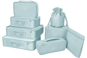 BETLLEMORY Zestaw organizerów podróżnych na ubrania, 8 toreb/7 kolorów, organizery do walizki, wodoszczelny worek na buty, wygodny podróżny worek kompresyjny, szary niebieski, S M L,