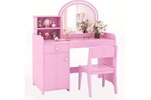 COSTWAY 2 in 1 Kinder Schminktisch Set, Frisertisch mit Hocker, LED-Leuchten, Spiegel, Schrank & Schublade, Kosmetiktisch Schminkkommde mädchen aus Holz für Kinder ab 3 Jahren (Rosa)