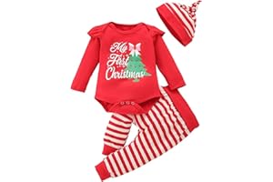 Momkonzz Baby Mädchen My 1st Christmas Outfits Junge Weihnachtsoutfit Strampler Langarm Brief Print + Gestreift Hose + Stirnband 0-18M