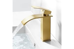 AIMOYO Basin Tap Mixers Brushed Brass Bathroom Sink Tap Waterfall Gold Cloakroom Faucet, Monoblock Washroom Tap with G1/2 Hoses, Square Bathroom Mixer Sink Faucet Single Lever