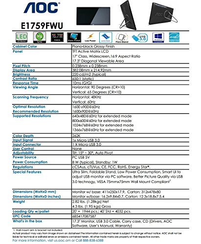 AOC Monitores E1759FWU - Monitor de 17   resoluci  n 1600 x 900 Pixels  tecnolog  a WLED  Contraste 650 1  10 ms  USB 3 0   Color Negro