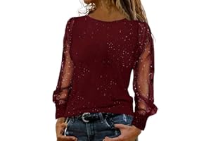 GENERIC Womens Sparkly Tops See Sheer Long Sleeve Sequin Tops Jumpers Sexy Plain Crew Neck T Shirts Sweatshirts Loose Casual Blouse Dressy Tunic Shirt for Women UK for Women