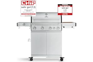 BURNHARD® Gasgrill 4-Brenner inkl. BACKBURNER, 900°C Infrarot-Keramikbrenner, Seitenkochfeld, Gusseisen-Grillrost, Grillabdeckung, Edelstahl Grillwagen, klappbare Seitentische – Big FRED Deluxe