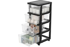 Cetomo Tour de Rangement, Tiroirs de Rangement en Plastique, Caisson de Bureau sur Roues Verrouillables pour Domicile à Chambre, Dormoir, Détachable, Combinaison Libre, Transparent et Noir, 4 Tiroirs