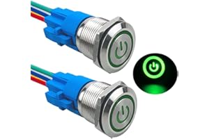 Aiqeer Pack of 2 19 mm Locking Pressure Switch, 12 V/24 V 5 A Car Ignition Starter Switch, IP67 Waterproof Stainless Steel Pressure Switch, with Pre-Wired Socket (Green LED)