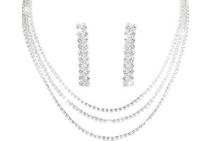 Auriselle Joyas strass novias, conjunto de joyas novia de 2 piezas, diseño en línea/cruz/ondulado, collar y pendientes strass brillantes boda, collares niñas, plata