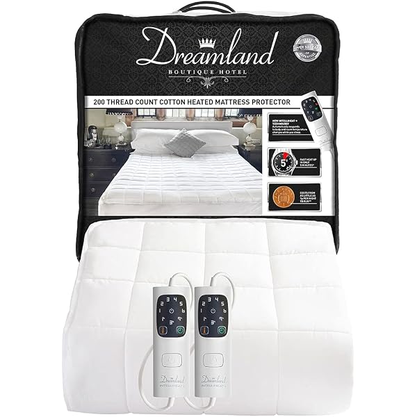 Dreamland Intelliheat+ fast heat Boutique Hotel 200 thread count cotton  heated mattress protector double, electric blanket 190 x 137cm, elasticated  skirt, 1 control, 6 temperature settings u0026 timer : Amazon.co.uk: Home u0026  Kitchen