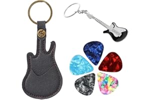 ZORVYN 5 Médiators avec Porte-Médiator en Cuir, Porte-Clés Guitare, Étui en Cuir, Médiators en Celluloïd pour Guitare Acoustique, Électrique, Basse, Ukulélé (Noir)