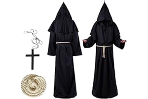 Ajuanbazha Deguisement Moine, Déguisement Pretre avec Capuche Ceinture et Croix, Déguisement Médiéval Homme, Pretre Costume pour Halloween, Cosplay