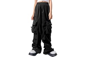 Panegy Parachute Pants for Girls Y2K Elasticated High Waist Baggy Cargo Trousers with Multi Pockets Loose Vintage Joggers Fit Wide Leg Casual Long Trousers Streetwear