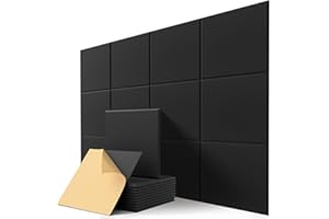 KUCHOOW Samoprzylepne panele akustyczne, 12 sztuk Ściana dźwiękochłonna o wysokiej gęstości do dekoracji ścian i leczenia akustycznego, Pianka akustyczna z fazowaną krawędzią (30x30x0,9cm)