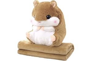 Muziri Kinokoo - Coperta felpata con cuscino in peluche a forma di criceto, per TV, divano, ufficio, pisolino; coperta pieghevole con peluche, morbida, caffè chiaro