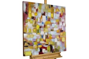 KunstLoft Leinwandbild | 100% HANDGEMALT | 80x80cm | Gemälde 'Flickenteppich in Pastell' | Abstrakt | Bunt Gelb | Wandbild Wohnzimmer