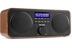 Audizio Novara Radio Dab+ Stereo - Madera/Negro - Radio FM, Reloj Despertador, 2 Altavoces de 40 W, Salida de Auriculares Universal de 3,5 mm, Pantalla LCD