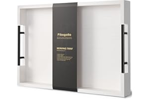 Fibogollo Bamboo Serving Tray with Metal Handles,43x30cm Ottoman Decorative Trays Platter for Coffee Table,Living Room,Bar,Party,Large(White)