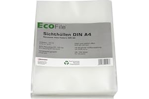 ‎KRANHOLDT ECOfile Sichthüllen Aktenhüllen A4 / 100 Stück/nachhaltig aus Post-Consumer-Recycling PP 120 my transparent, oben und seitlich offen (Transparent genarbt)