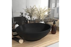 HOMIUSE 40x33x13,5 cm Lavabo Colgante con Desagüe Negro Mate Lavabo Baño Lavabo de Lujo Ovalado Cerámica Lavabo Sobre Encimera Lavamanos Baño Lavabo Piedra Lavabo Suspendido