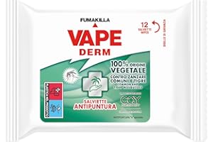 Vape, Vape Derm, 12 Salviette Antipuntura, Repellenti Zanzare con Ingredienti 100% di Origine Vegetale, Proteggono da Zanzare Comuni, Tigre,Altri Insetti, Efficaci per 4 h