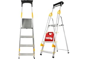 KADAX aluminiumstege, 4 steg, vikbar ståstege med ledstång, kan belastas upp till 150 kg, stegstege med fack för borstar och