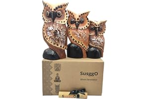 SusggO - Set di 3 gufi in legno portafortuna, decorazione, artigianato per ornamento mobili, gatto portafortuna. (3 gufi ali marroni e stella PL).