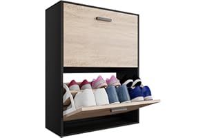CASABEL Meuble de Rangement a Chaussure 12 Paires - Armoire Etagere Grande Capacité pour Entree, Couloir - L60xP24xH80 cm - Portes Bois Clair Cadre Noir