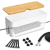 Lannvan Kabelbox (weiß/groß) aus ABS-Kunststoff mit Bambusdeckel - Kabel Organizer Box Inkl. Zubehör zum Kabel Verstecken - K