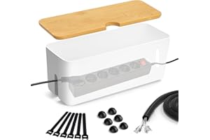 Lannvan - Caja Organizadora de Cables con Tapa de Bambú - para Ocultar, Guardar y Recoger Cables y Regletas - Mesa de Escritorio - Blanco