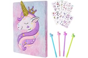 OFFCUP Journal Intime Fille, Crown Unicorn Carnet Secret en Peluche, 160 Pages A5 Journal Secret avec Stylo et Autocollants Carnet de Notes Cadeau pour Enfants Bloc-notes Scolaire Cahiers