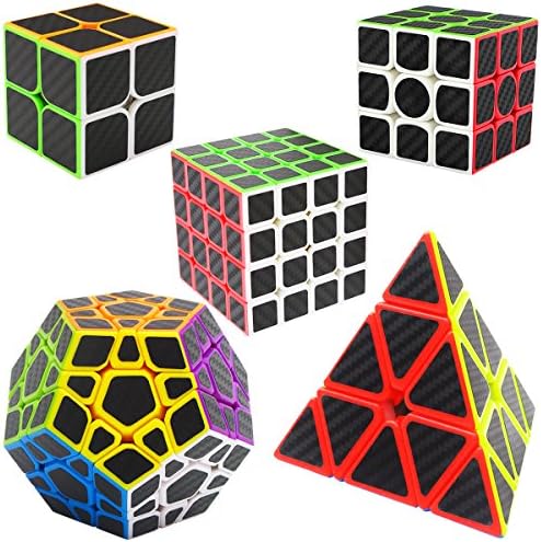 Speed Cubes 2x2x2 + 3x3x3 + 4x4x4 + Pyraminx + Megaminx, LSMY 5 Pack Puzzle Magic Cubes Carbon Fiber Sticker Toy
