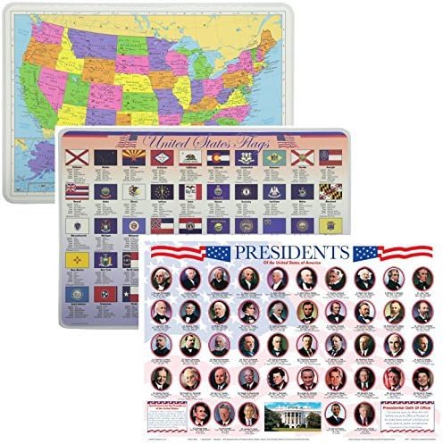 Painless Learning Educational Placemats USA Map Presidents and State Flags Set Non Slip Washable