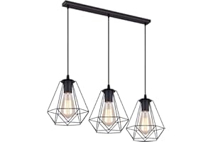 iDEGU 3 lámparas de suspensión vintage, 20 cm, lámpara colgante de metal, lámpara en forma de jaula con soporte de barra, negro (3 luces – 50 cm)