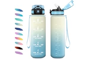 KOLLYKOLLA Bouteille d'eau Sport 1L, Gourde Marqueur de Temps, Gourde Motivation avec Filtre, Bouteille d'eau Anti-Fuite, Reutilisable pour Randonnée, Cyclisme, Bureau, Extérieur, Camping, Voyage, Fitness