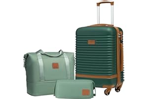 COOLIFE Suitcase Trolley Carry On Hand Cabin Luggage Hard Shell Travel Bag Lightweight with TSA Lock,The Suitcase Included 1pcs Travel Bag and 1pcs Toiletry Bag (Dark green/Brown, 20 Inch Luggage Set)