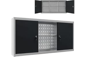 vidaXL Wall-Mounted Storage Unit for Tools - Industrial Style Metal Cabinet with Lockable Doors - Adjustable Shelves and Perforated Plate - Grey and Black