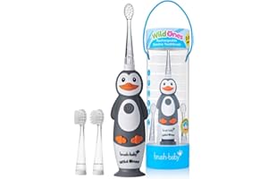 ‎BRUSH-BABY Brush-Baby – Wiederaufladbare Elektrische Kinderzahnbürste, 0–10 Jahre – WildOnes, Pinguin-Design mit Blinklichtern – DeepClean-Borsten für Gründliche Reinigung – 2 Ersatzköpfe & 1 USB-Kabel