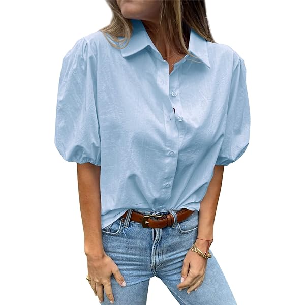 Awemeal Dames Button-Down Blouse Bovenstuk Uitgesneden Bestikt Langarmshirt Hemdbluse Puff Lange Mouwen Shirt Top Elegant Eenvoudig Blusenshirt Casual Losse Bloesen Hemden, geel, XXL