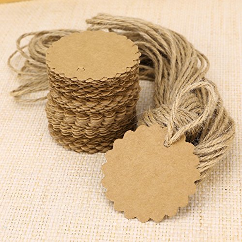 100x étiquette en carton kraft avec cordon chanvre 6cm rond